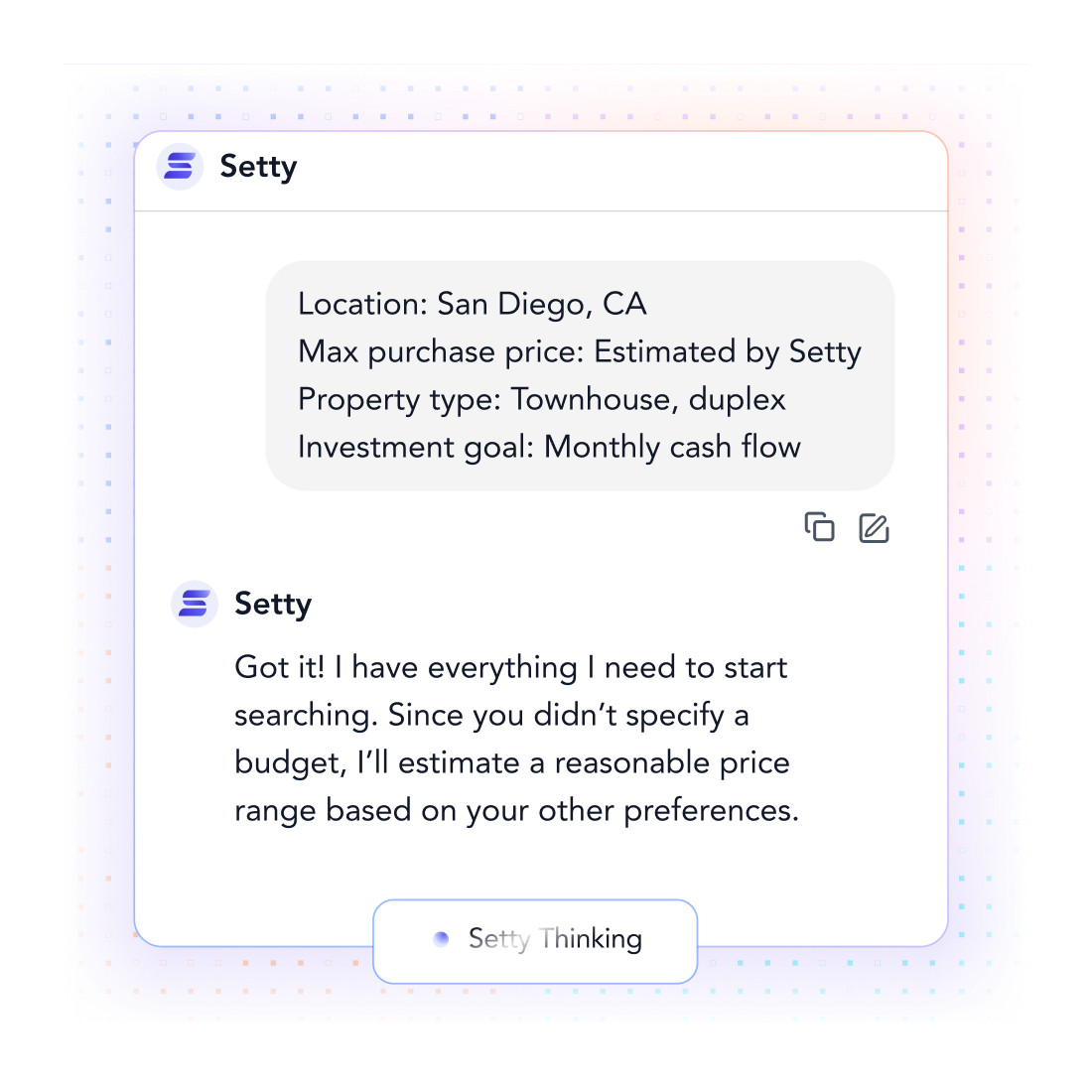 Setty reading a plain-language request and confirming the search criteria