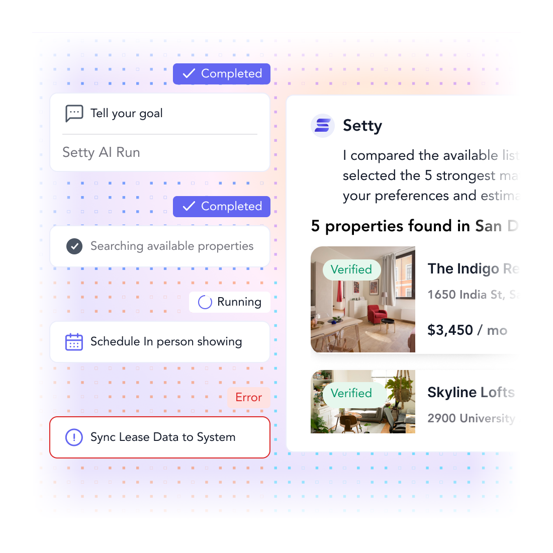 The request turned into a task list with live statuses beside the matched listings